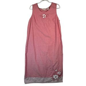 Vtg Bechamel Red Cotton Maxi Dress Floral Embroidered Striped Hem Summer 90s L